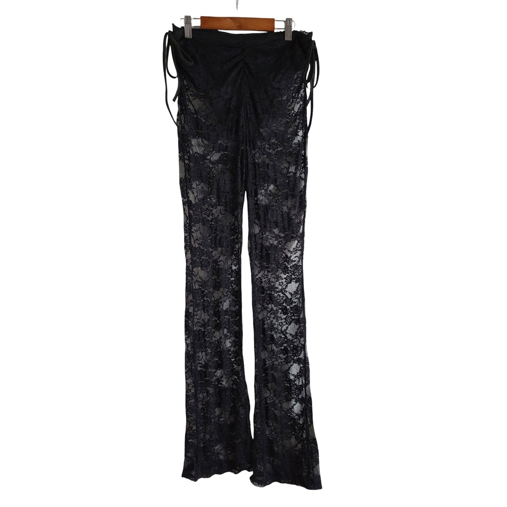 SHEINBAE Black Floral Lace Flare Pants Ruched Tie Waist Sheer Trousers Size 6 M